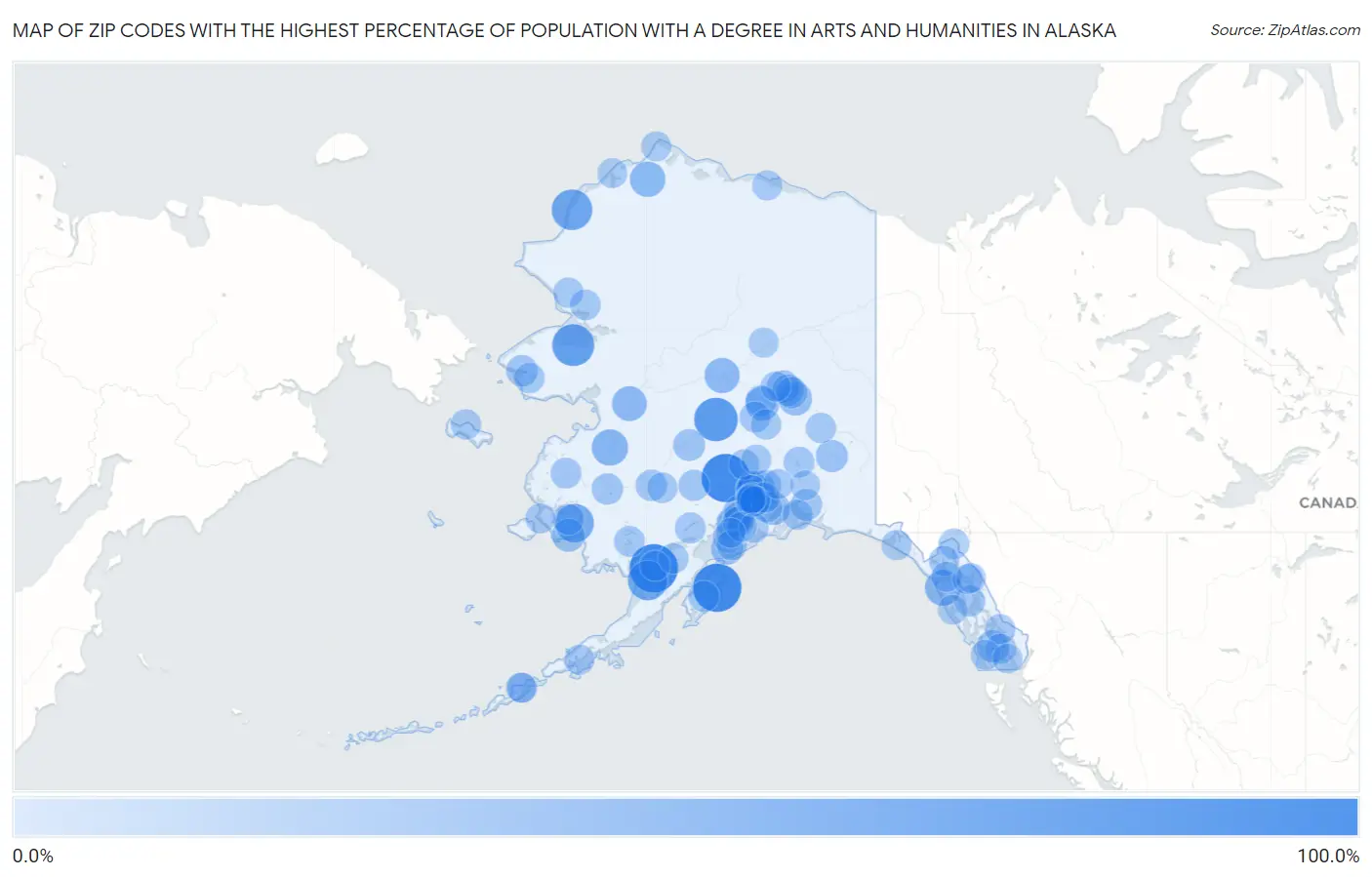 Zip Codes with the Highest Percentage of Population with a Degree in Arts and Humanities in Alaska Map