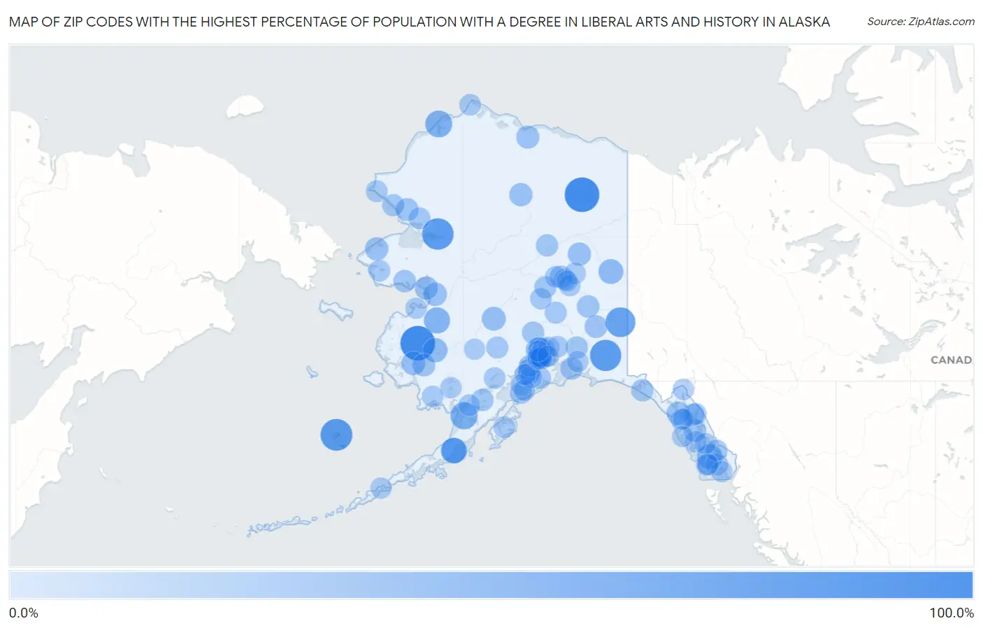 Zip Codes with the Highest Percentage of Population with a Degree in Liberal Arts and History in Alaska Map
