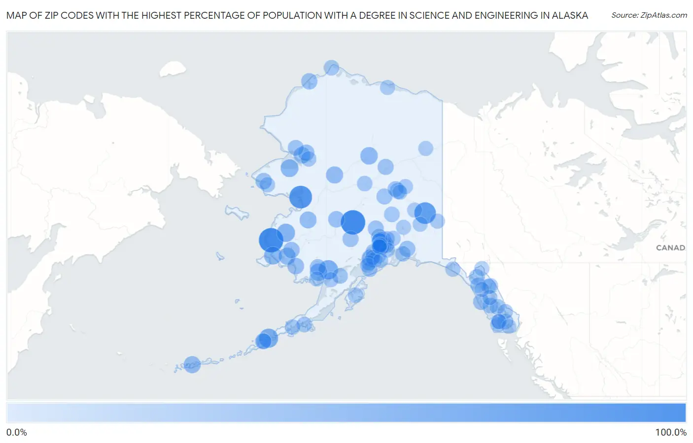 Zip Codes with the Highest Percentage of Population with a Degree in Science and Engineering in Alaska Map