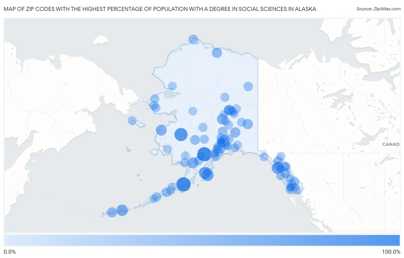 Zip Codes with the Highest Percentage of Population with a Degree in Social Sciences in Alaska Map