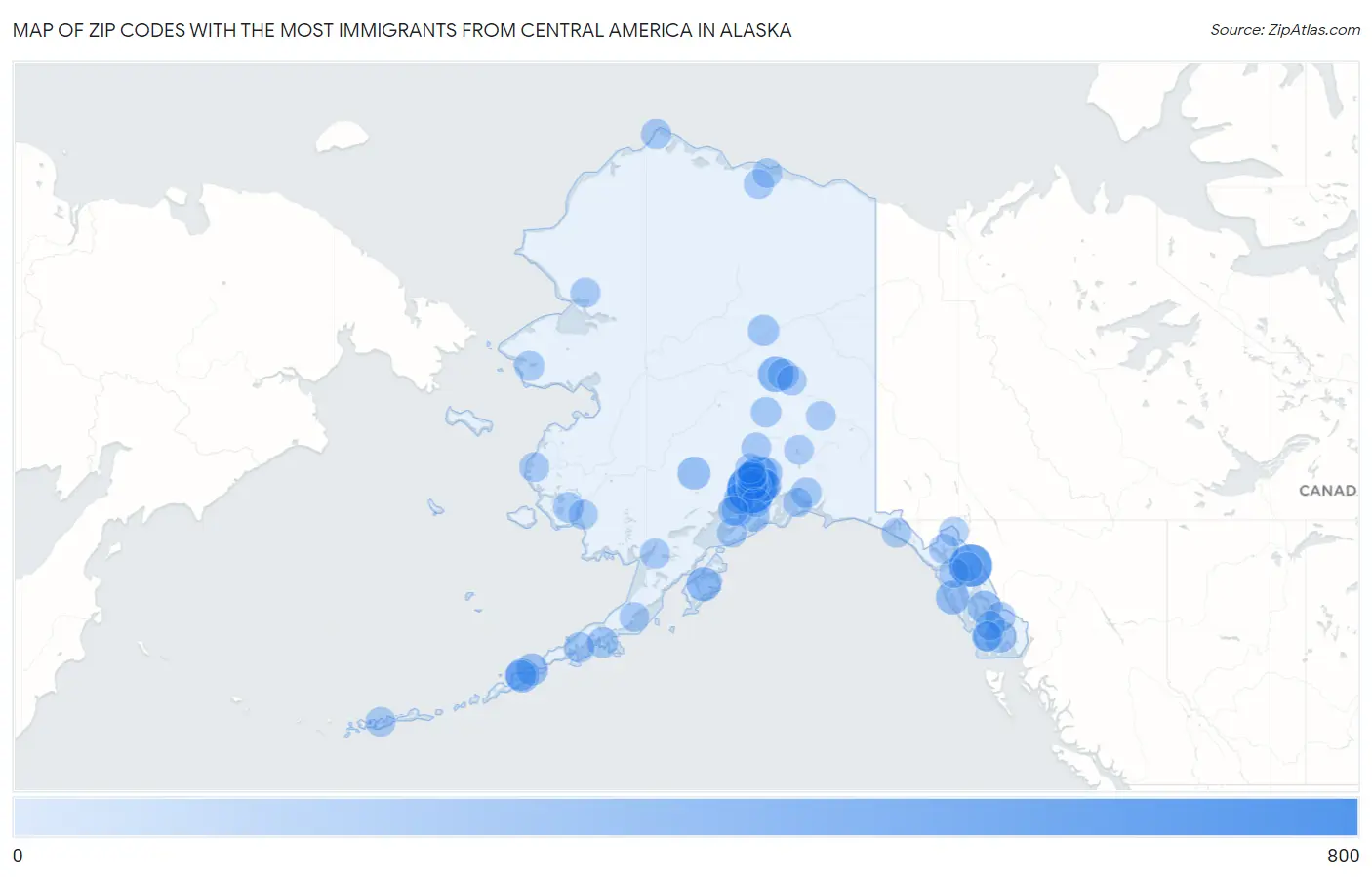 Zip Codes with the Most Immigrants from Central America in Alaska Map