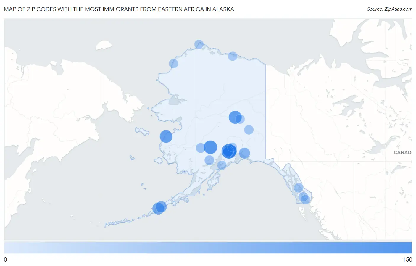 Zip Codes with the Most Immigrants from Eastern Africa in Alaska Map