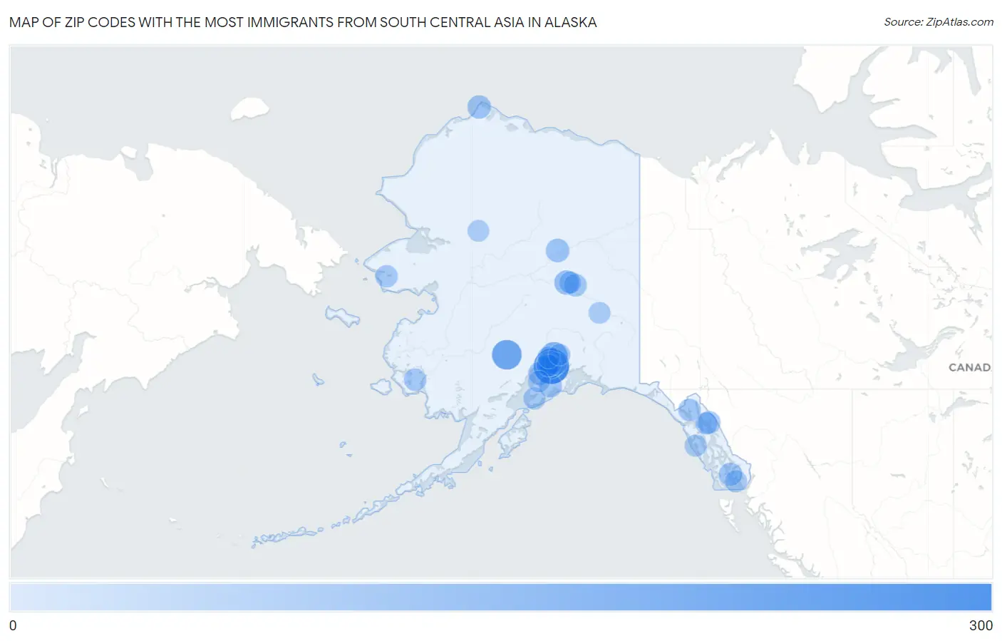 Zip Codes with the Most Immigrants from South Central Asia in Alaska Map