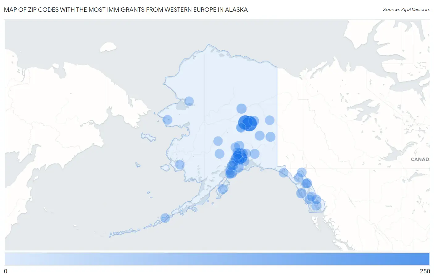 Zip Codes with the Most Immigrants from Western Europe in Alaska Map