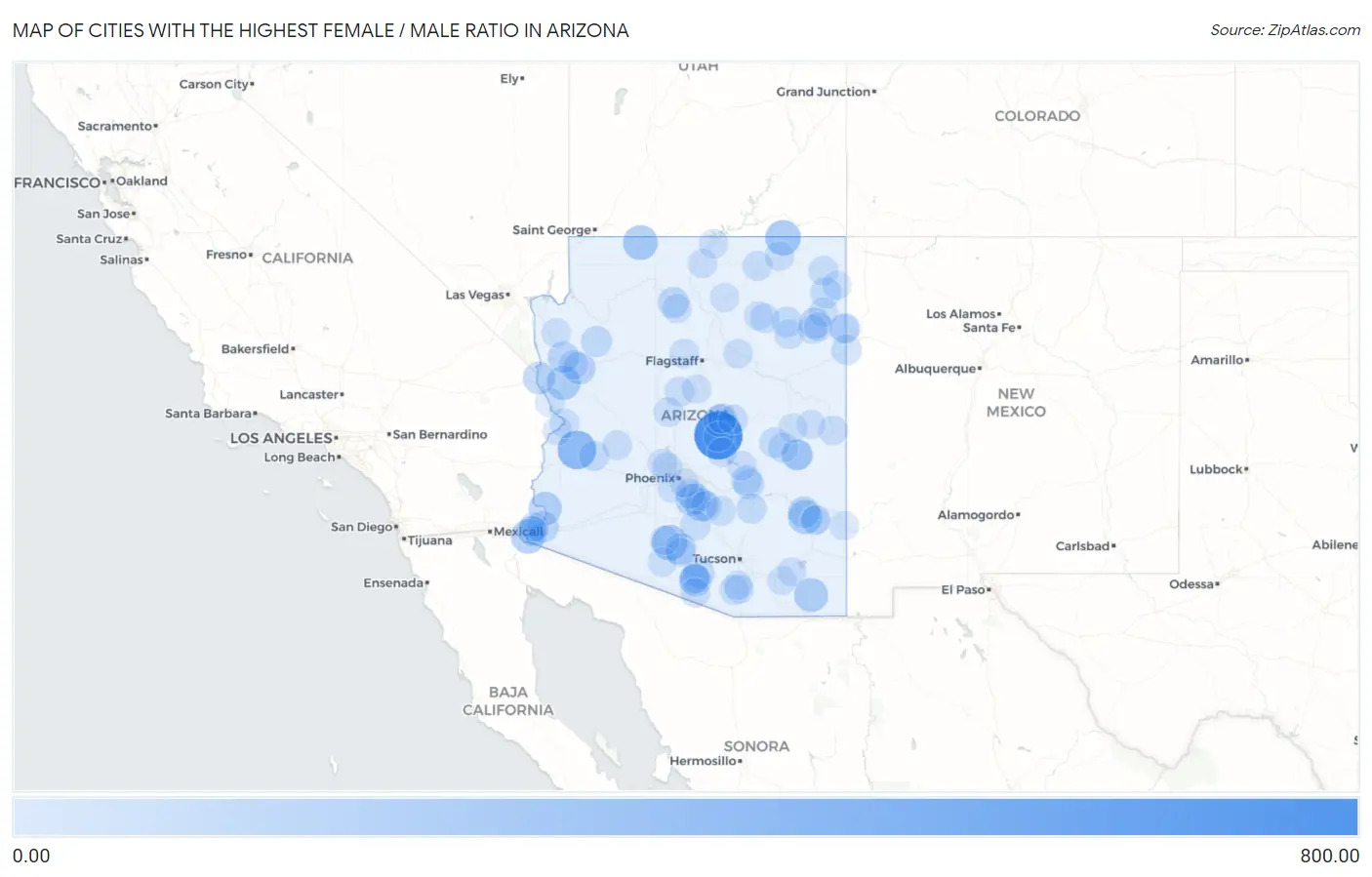 Cities with the Highest Female / Male Ratio in Arizona Map