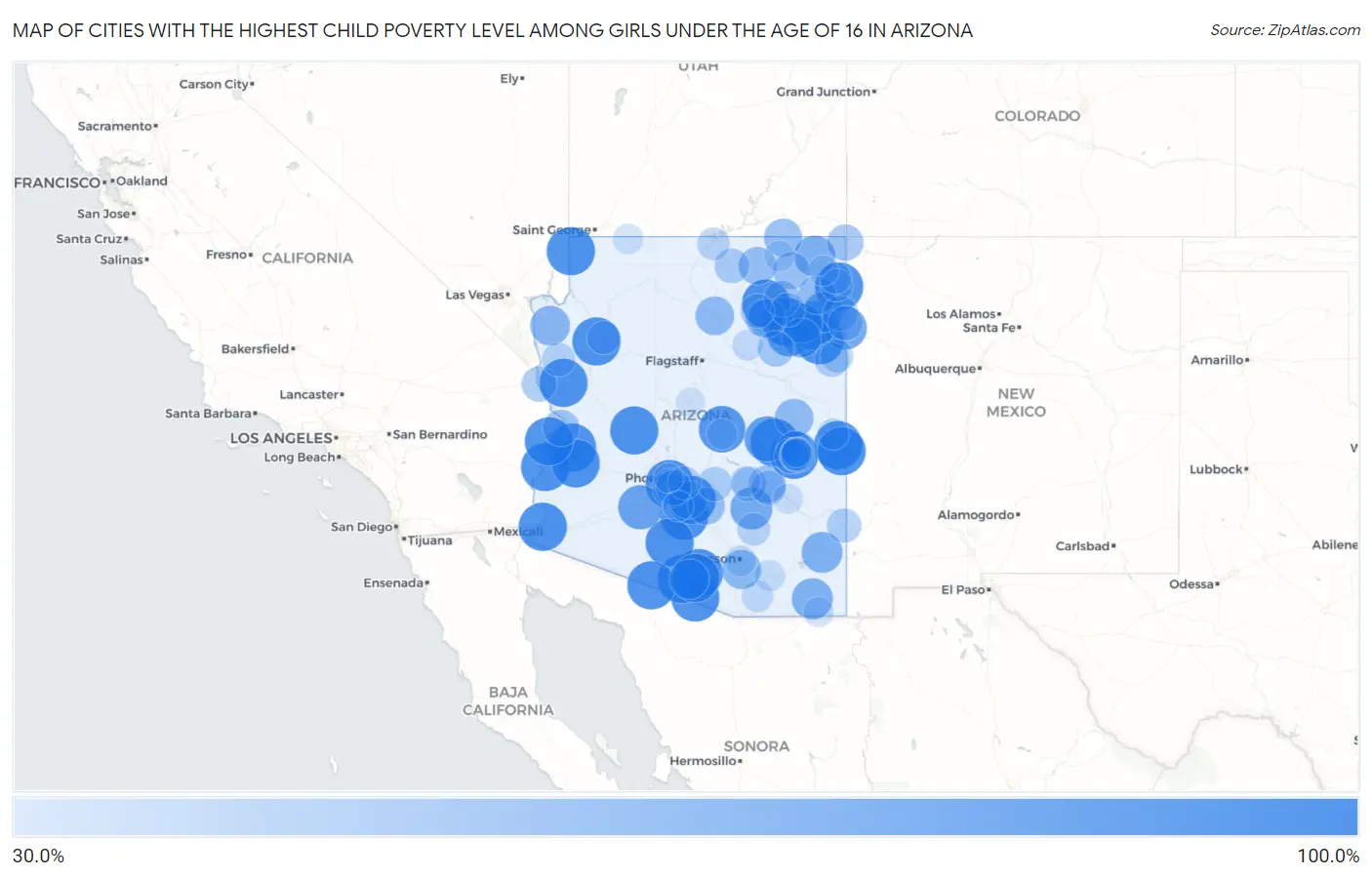 Cities with the Highest Child Poverty Level Among Girls Under the Age of 16 in Arizona Map