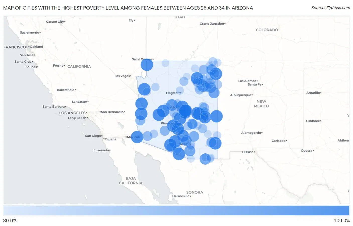 Cities with the Highest Poverty Level Among Females Between Ages 25 and 34 in Arizona Map