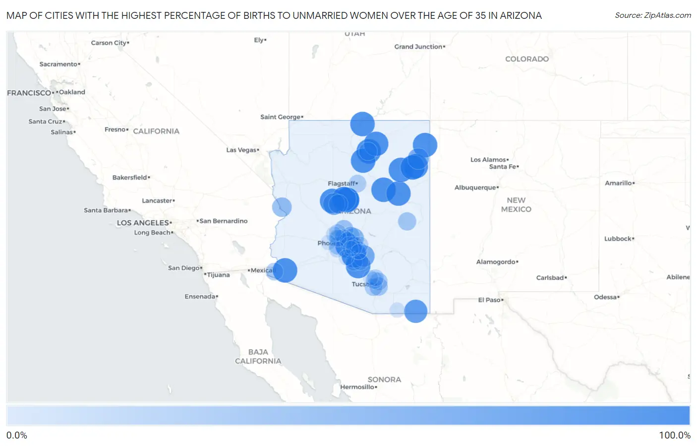 Cities with the Highest Percentage of Births to Unmarried Women over the Age of 35 in Arizona Map