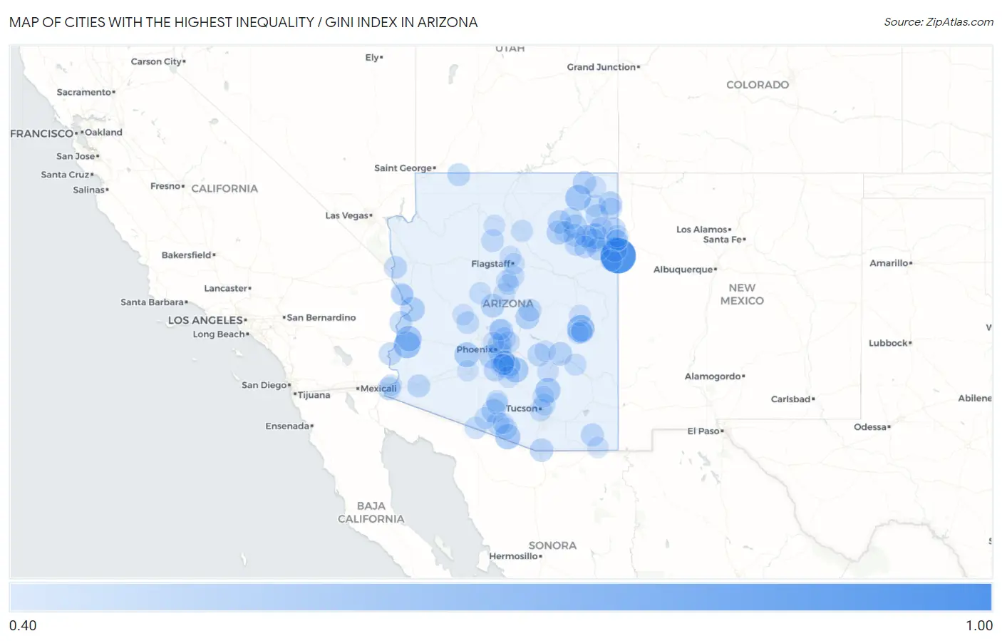 Cities with the Highest Inequality / Gini Index in Arizona Map