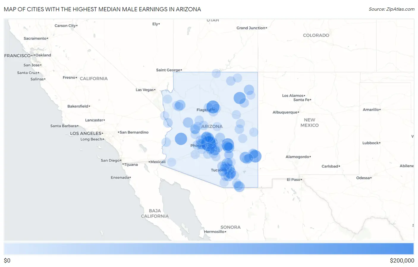 Cities with the Highest Median Male Earnings in Arizona Map