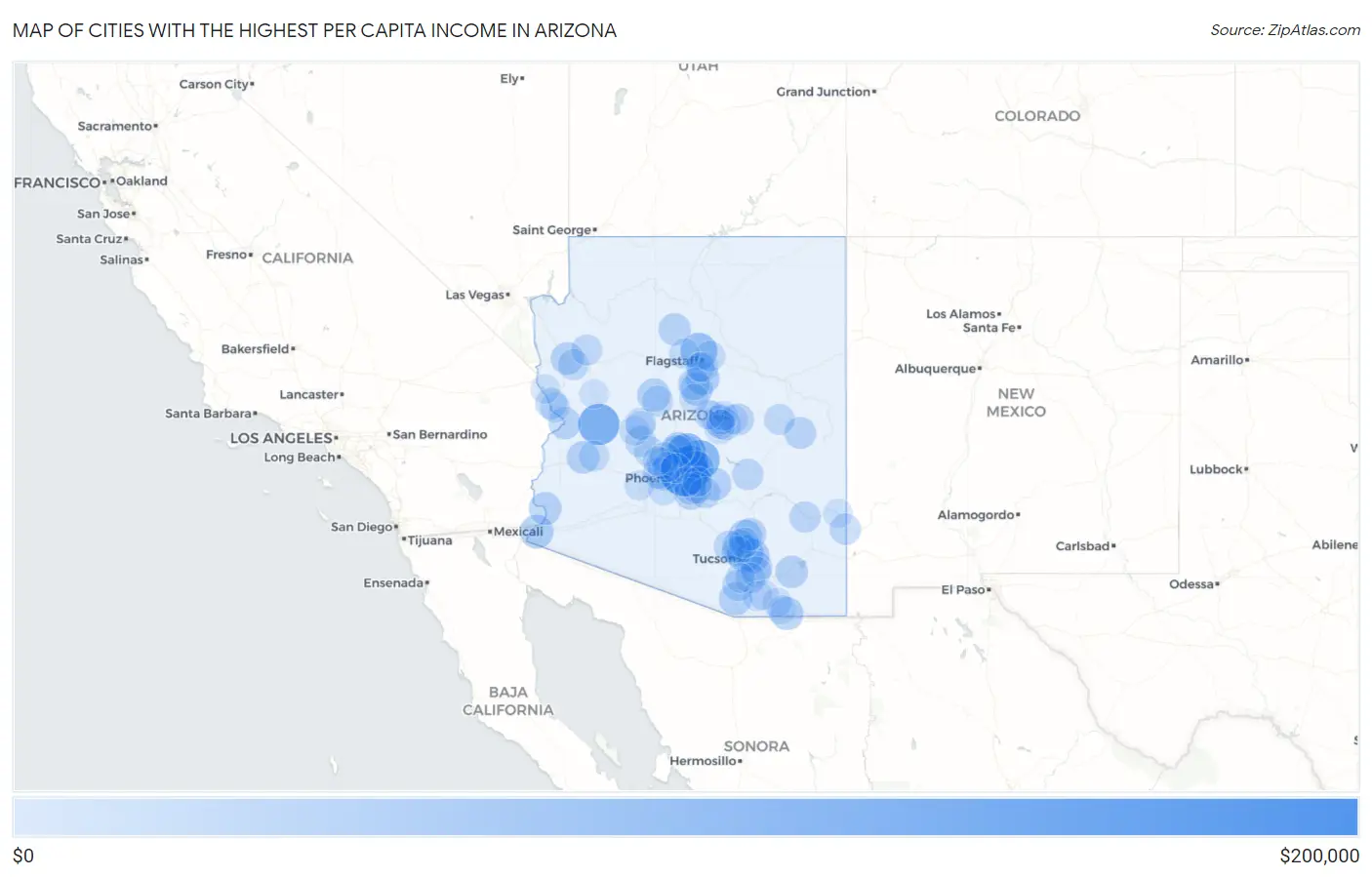 Cities with the Highest Per Capita Income in Arizona Map