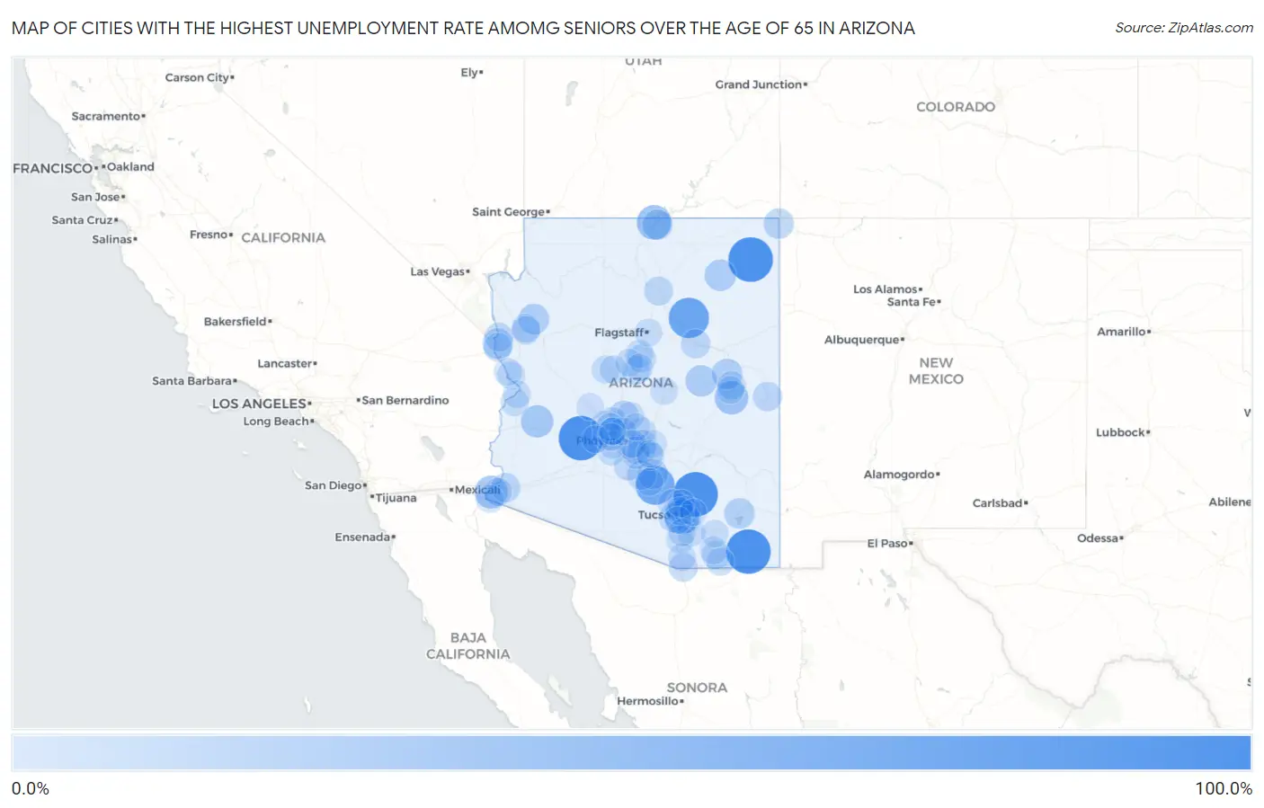 Cities with the Highest Unemployment Rate Amomg Seniors Over the Age of 65 in Arizona Map