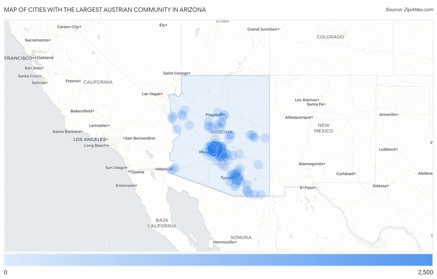 Cities with the Largest Austrian Community in Arizona Map