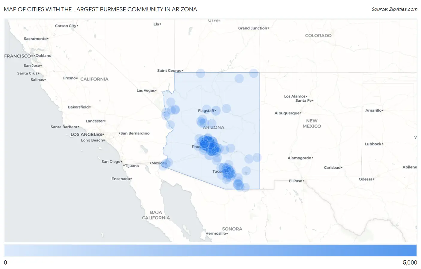 Cities with the Largest Burmese Community in Arizona Map