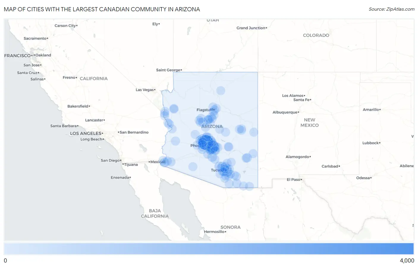 Cities with the Largest Canadian Community in Arizona Map