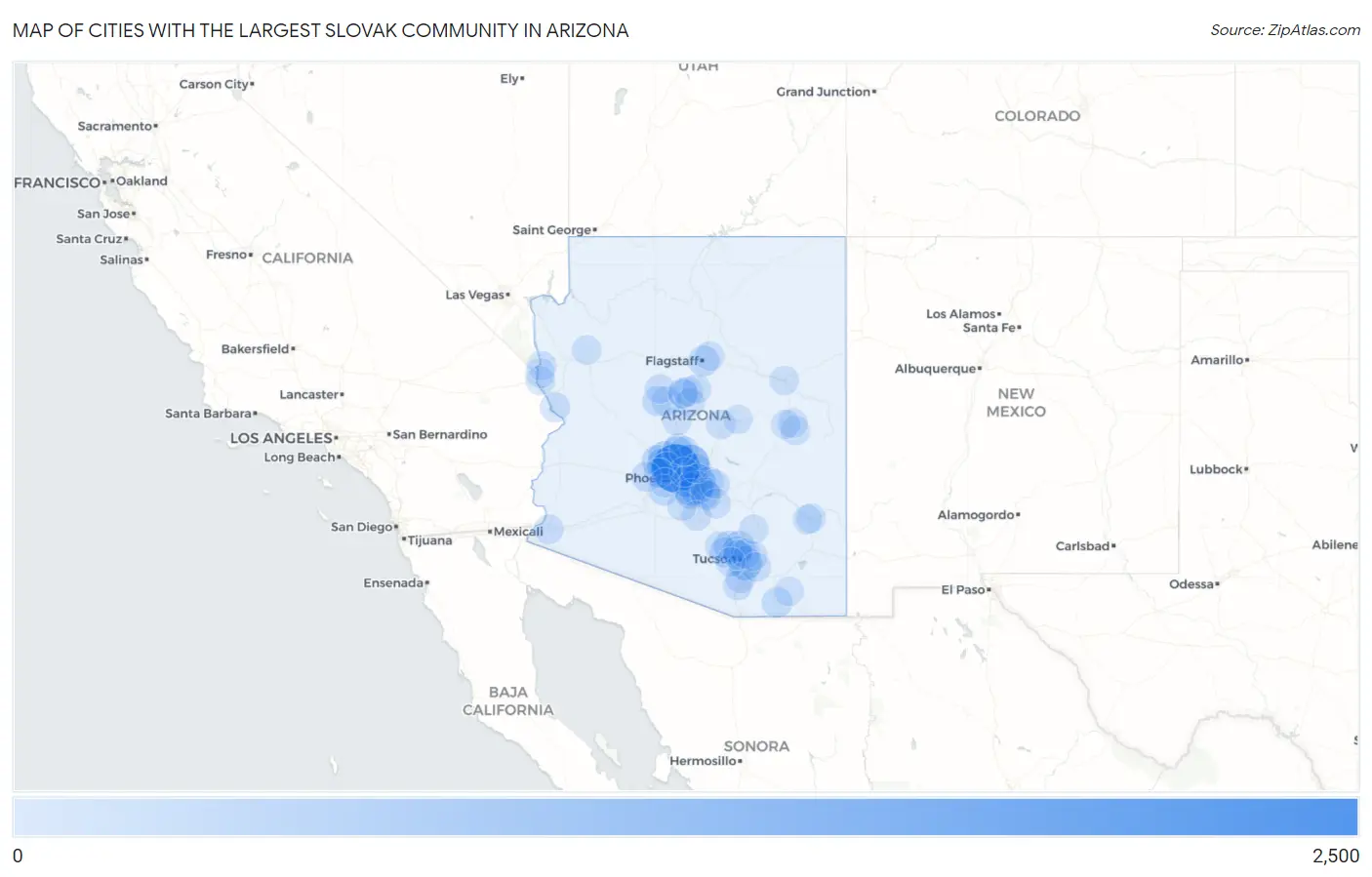 Cities with the Largest Slovak Community in Arizona Map