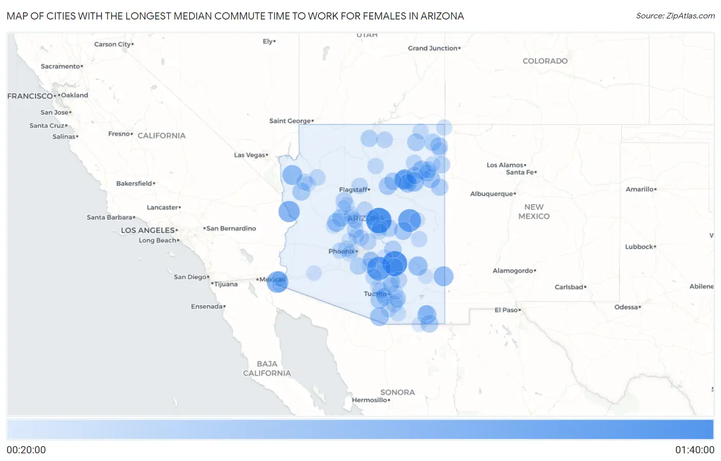 Cities with the Longest Median Commute Time to Work for Females in Arizona Map