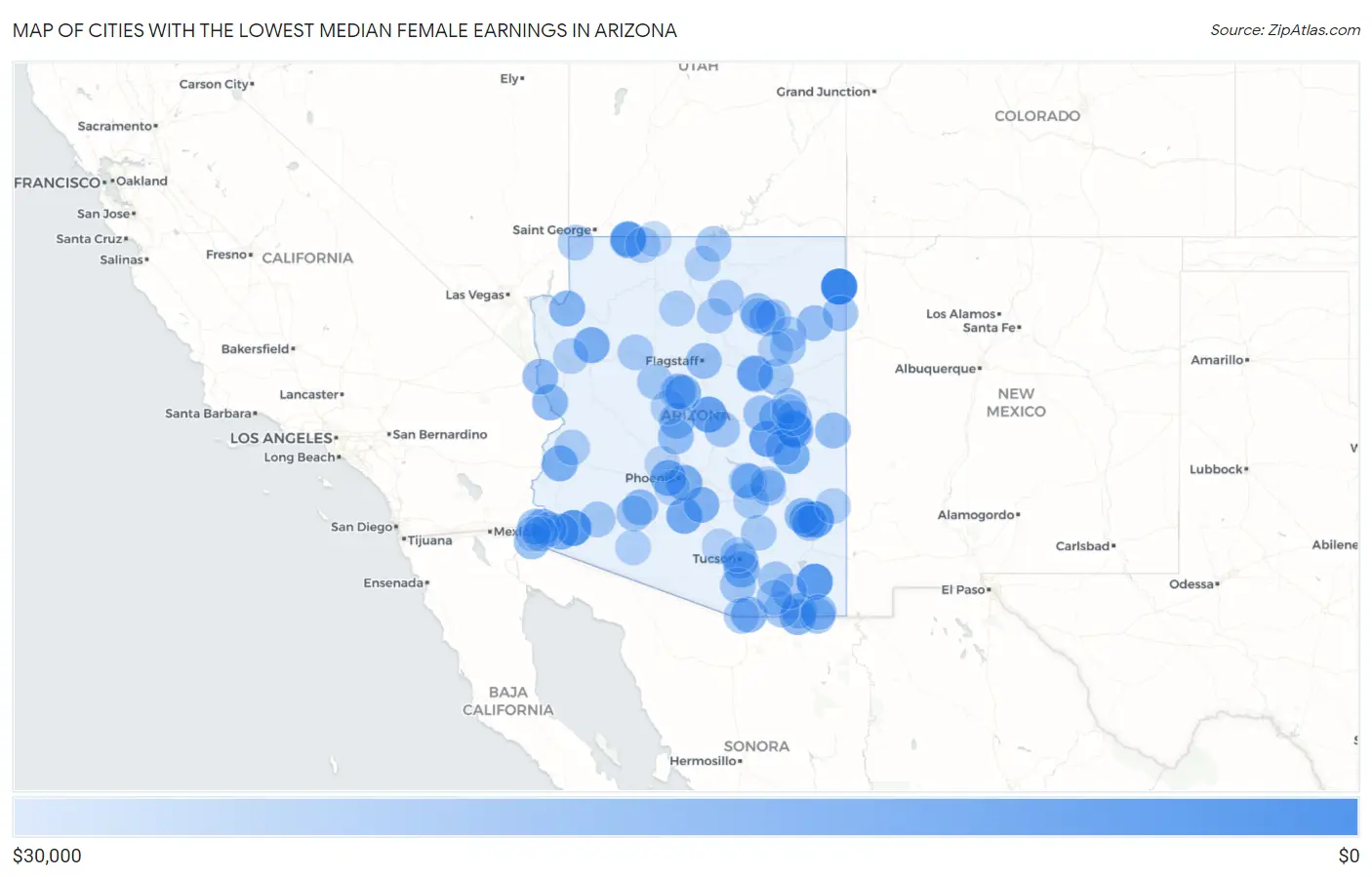 Cities with the Lowest Median Female Earnings in Arizona Map