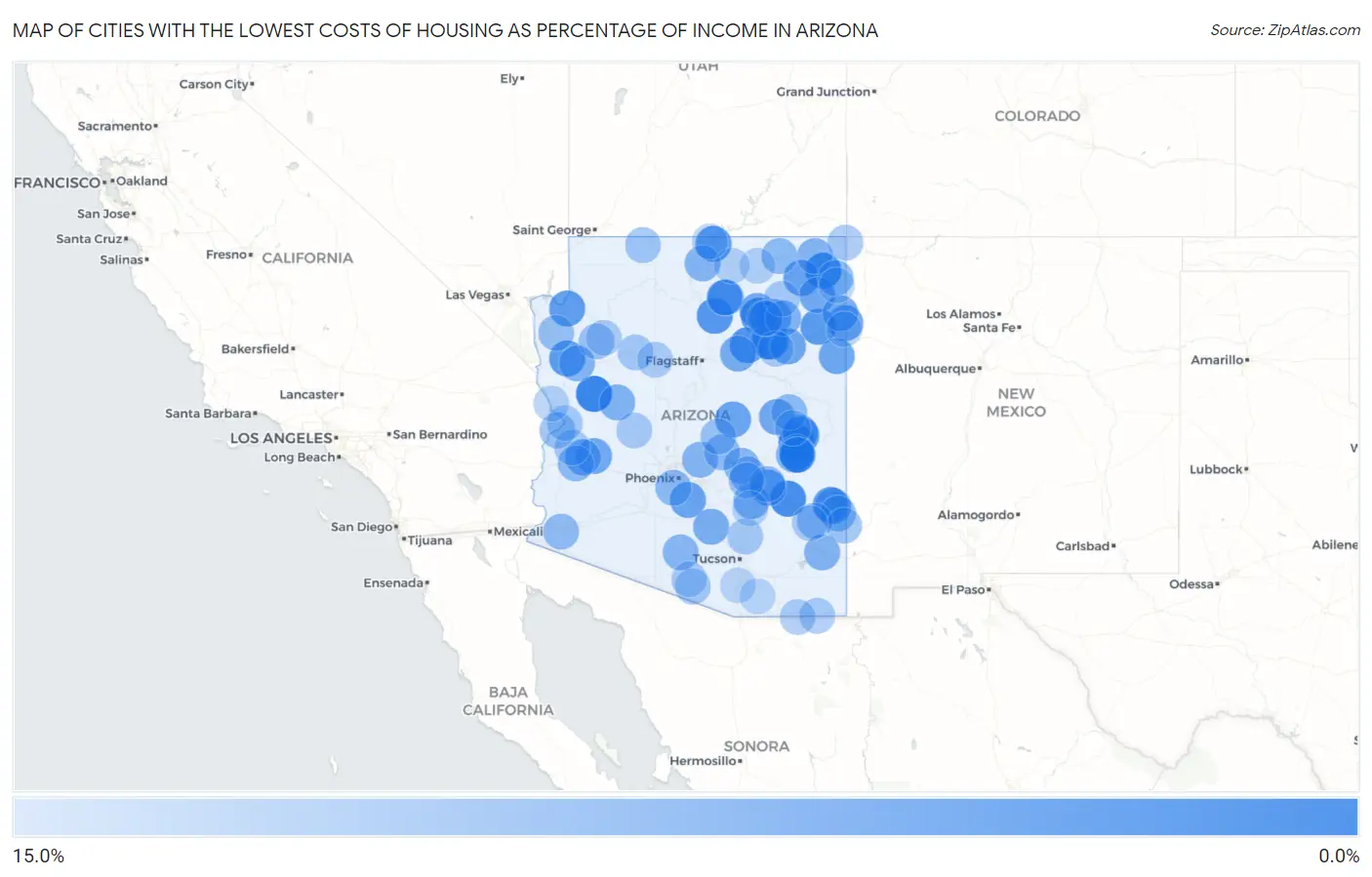 Cities with the Lowest Costs of Housing as Percentage of Income in Arizona Map