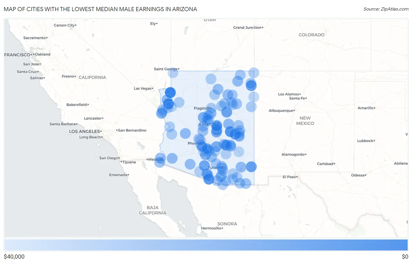 Cities with the Lowest Median Male Earnings in Arizona Map