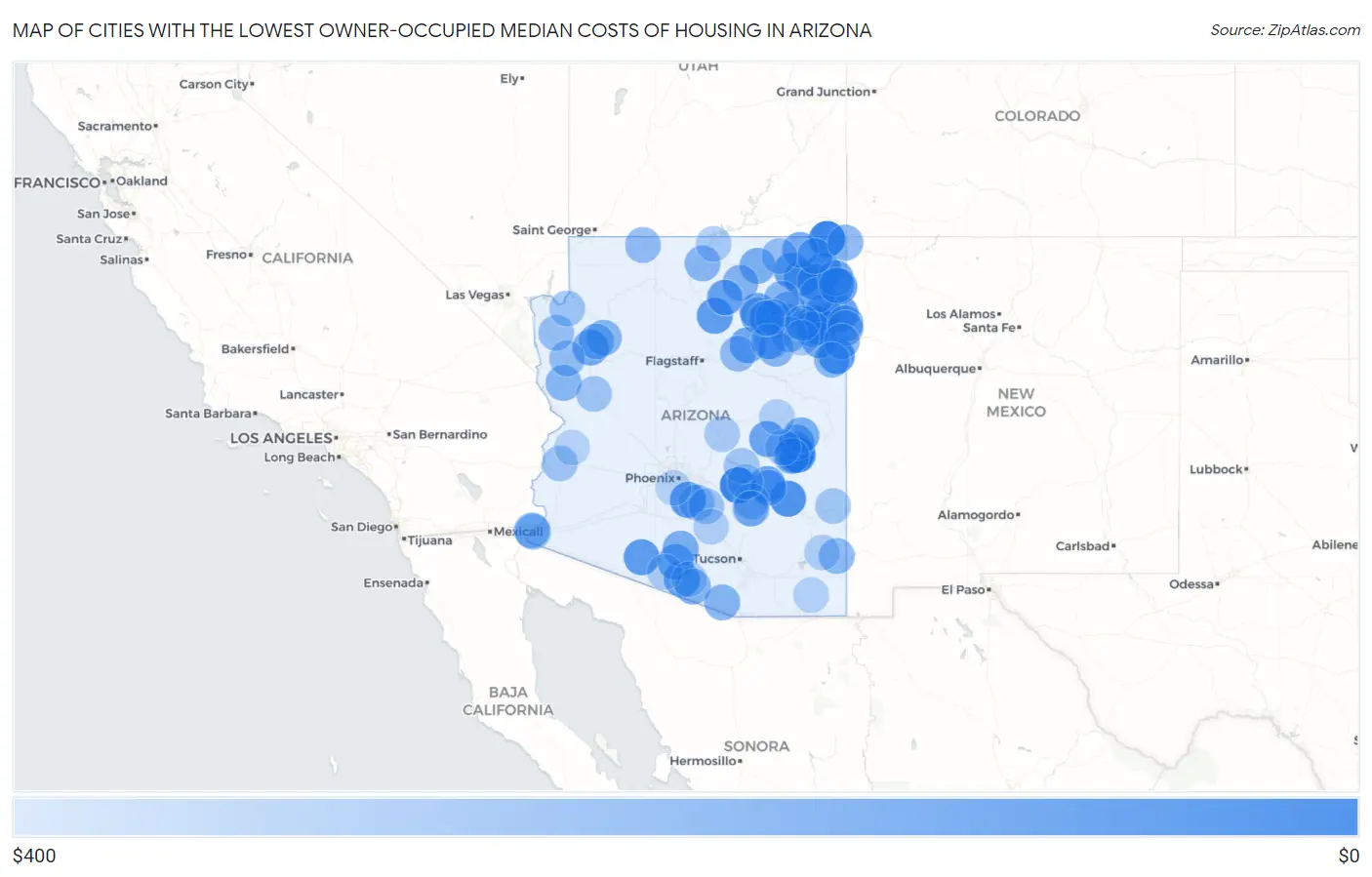 Cities with the Lowest Owner-Occupied Median Costs of Housing in Arizona Map