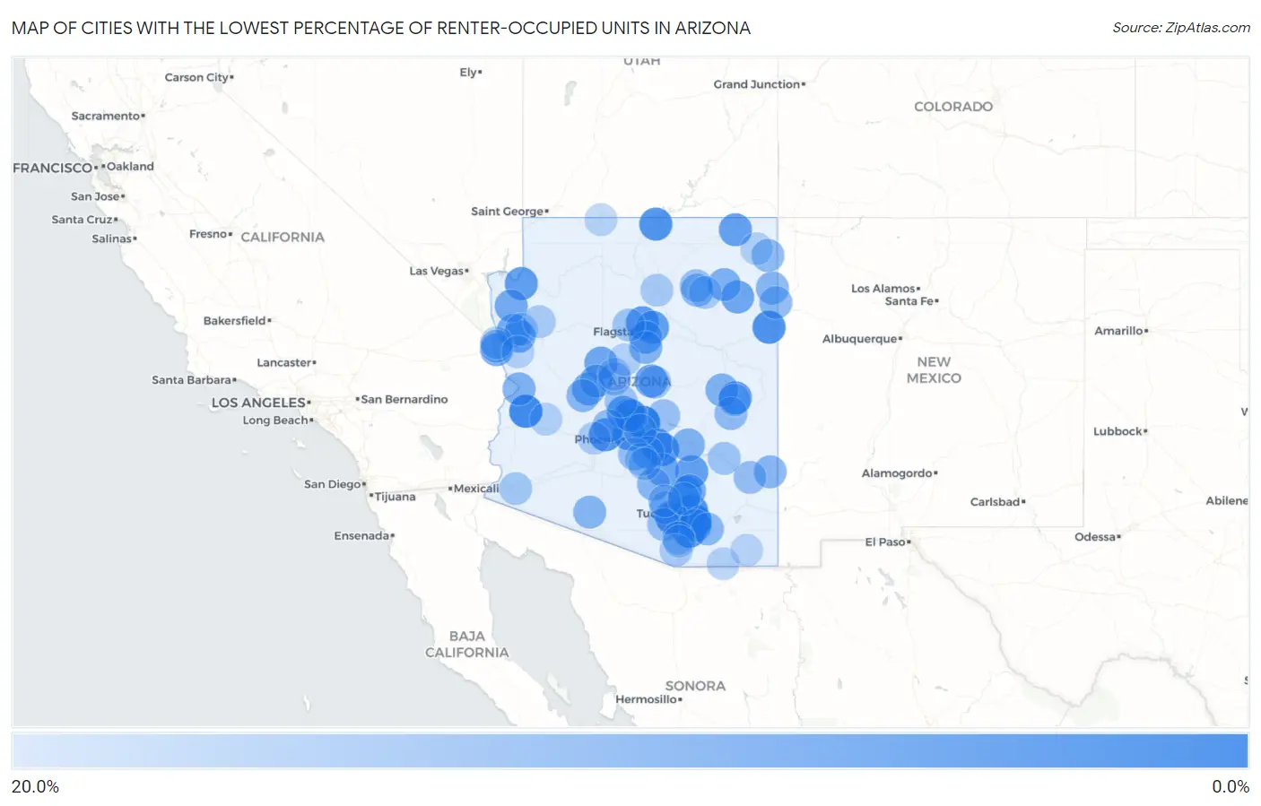 Cities with the Lowest Percentage of Renter-Occupied Units in Arizona Map