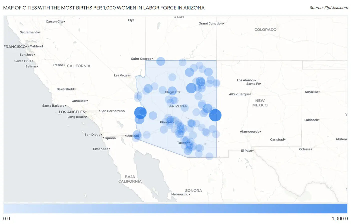 Cities with the Most Births per 1,000 Women in Labor Force in Arizona Map