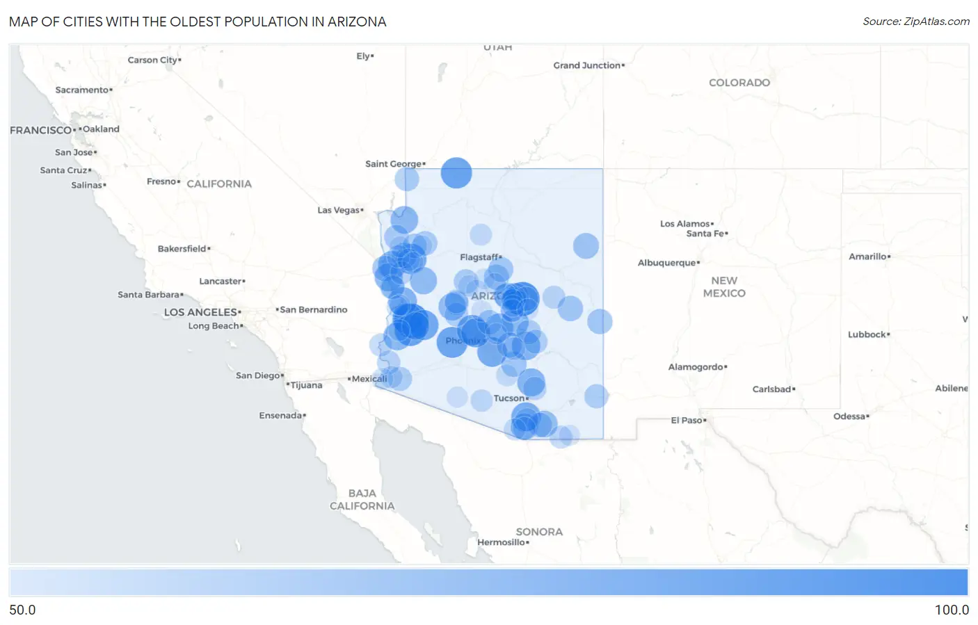 Cities with the Oldest Population in Arizona Map