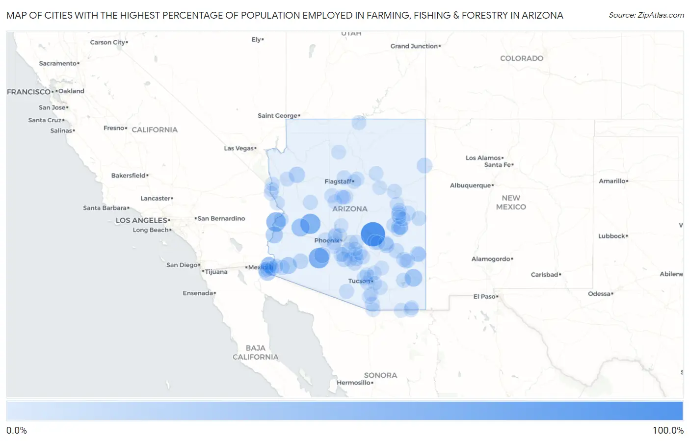 Cities with the Highest Percentage of Population Employed in Farming, Fishing & Forestry in Arizona Map