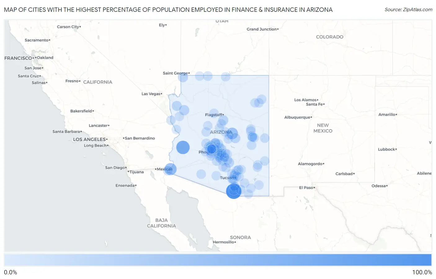 Cities with the Highest Percentage of Population Employed in Finance & Insurance in Arizona Map