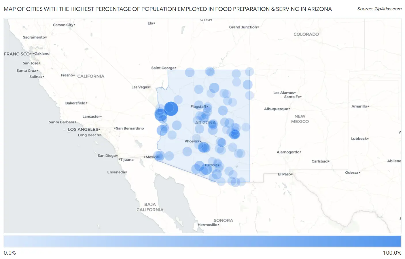 Cities with the Highest Percentage of Population Employed in Food Preparation & Serving in Arizona Map