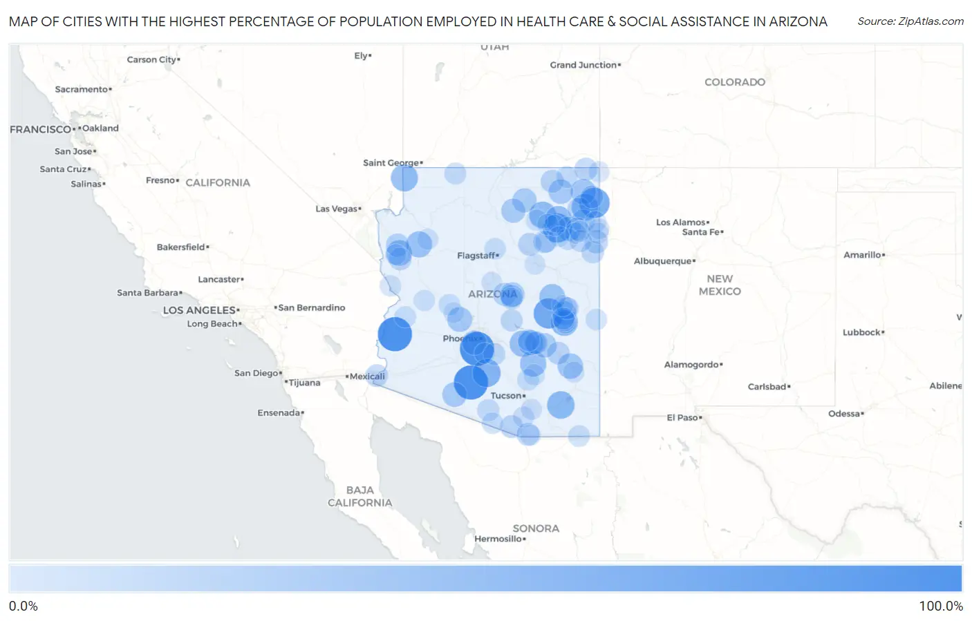 Cities with the Highest Percentage of Population Employed in Health Care & Social Assistance in Arizona Map