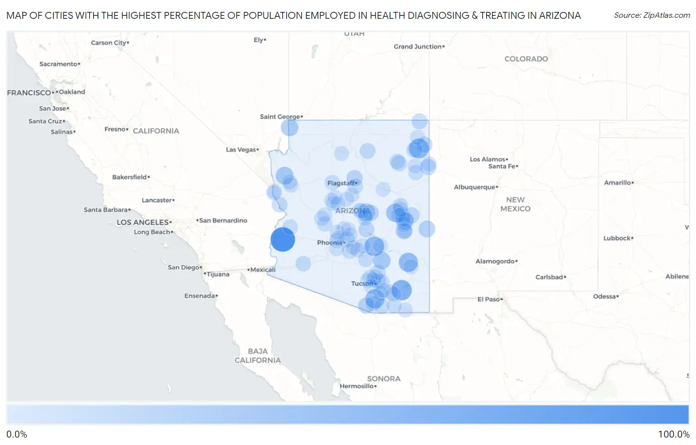 Cities with the Highest Percentage of Population Employed in Health Diagnosing & Treating in Arizona Map