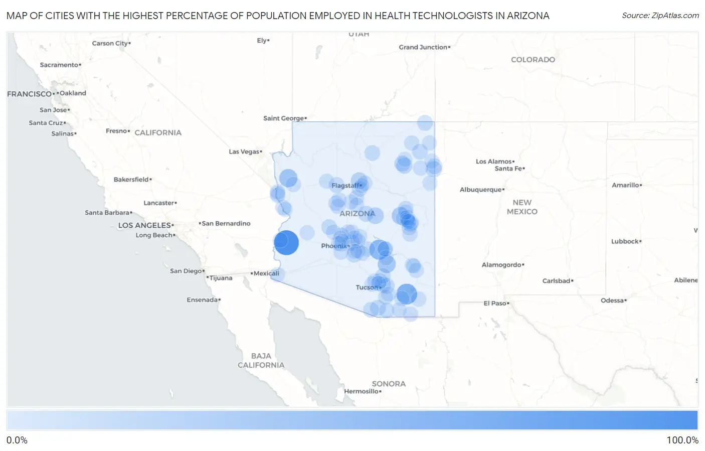 Cities with the Highest Percentage of Population Employed in Health Technologists in Arizona Map