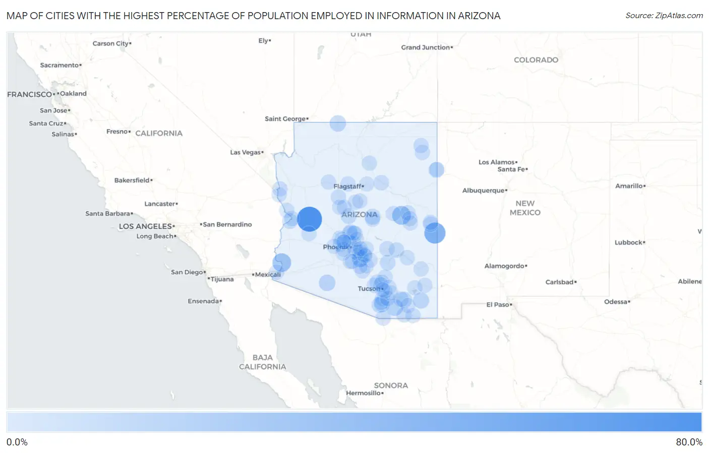 Cities with the Highest Percentage of Population Employed in Information in Arizona Map