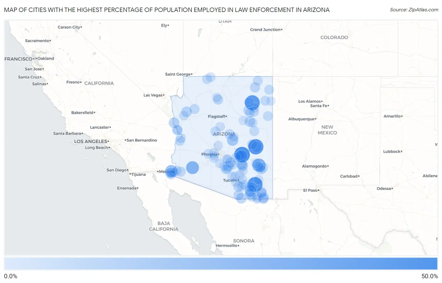 Cities with the Highest Percentage of Population Employed in Law Enforcement in Arizona Map