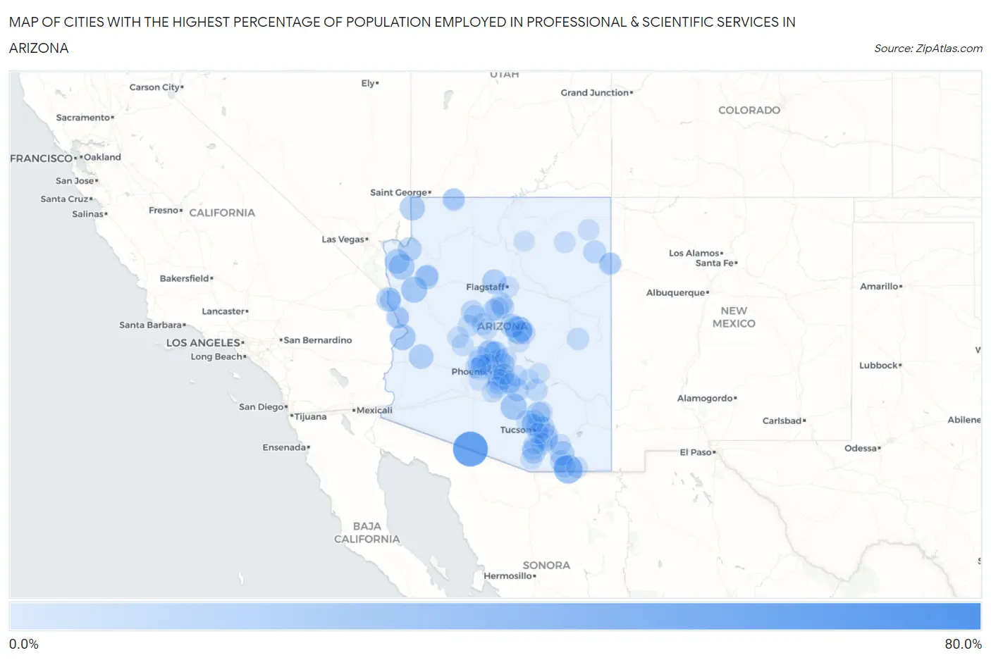 Cities with the Highest Percentage of Population Employed in Professional & Scientific Services in Arizona Map