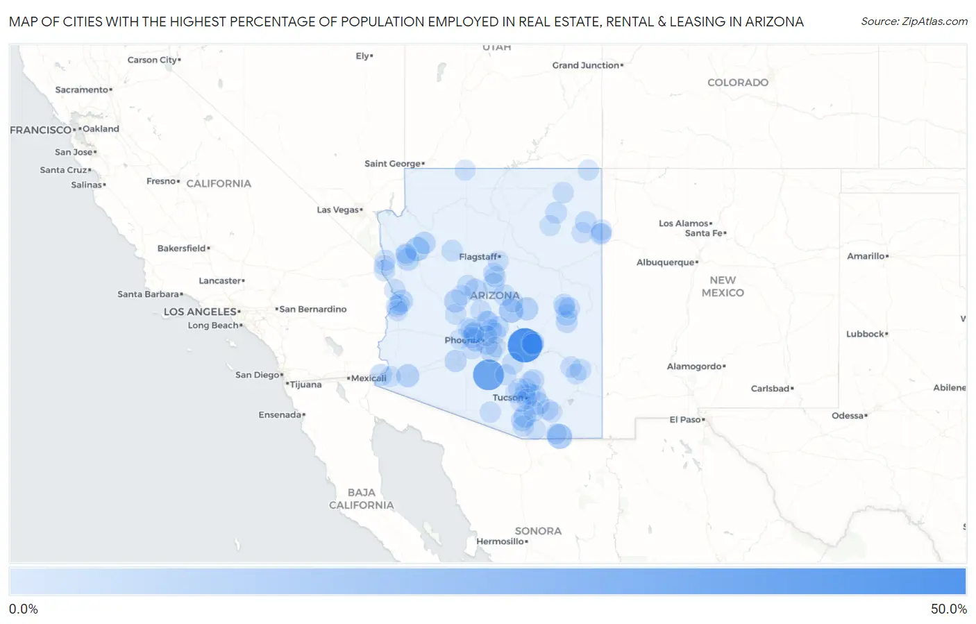 Cities with the Highest Percentage of Population Employed in Real Estate, Rental & Leasing in Arizona Map