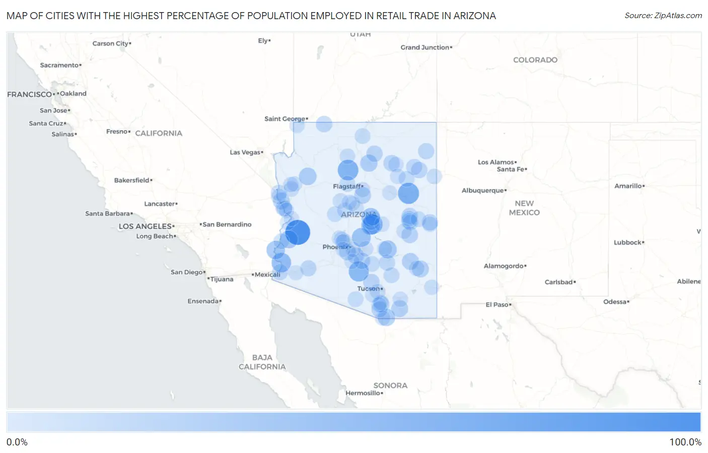 Cities with the Highest Percentage of Population Employed in Retail Trade in Arizona Map