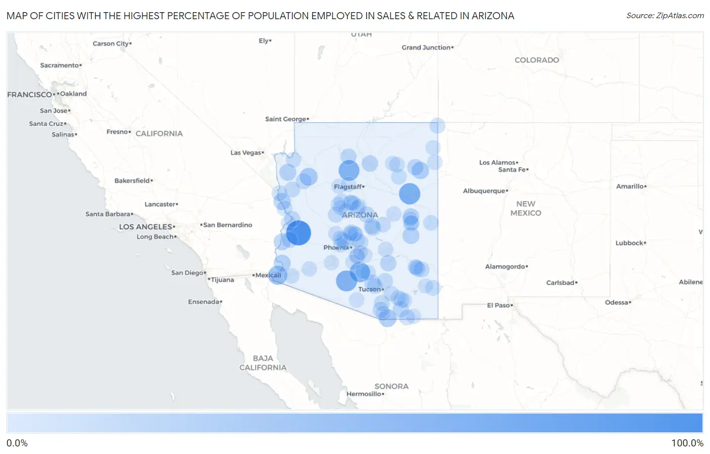 Cities with the Highest Percentage of Population Employed in Sales & Related in Arizona Map