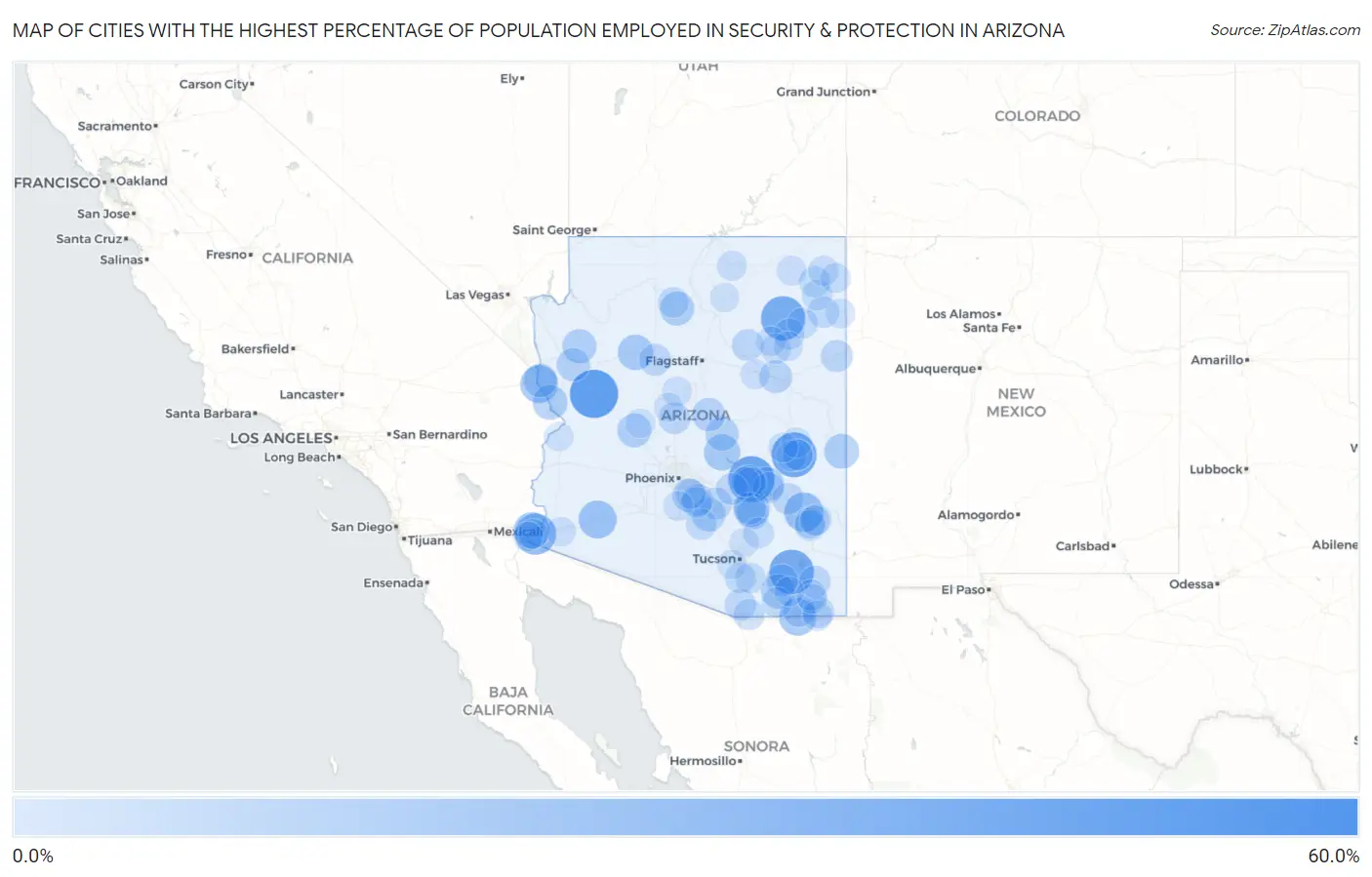 Cities with the Highest Percentage of Population Employed in Security & Protection in Arizona Map
