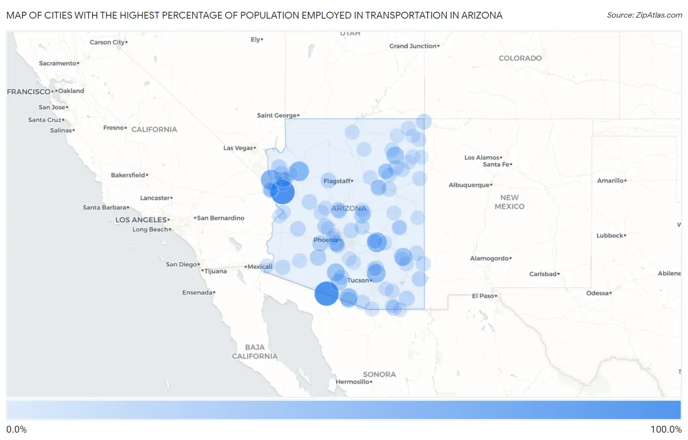 Cities with the Highest Percentage of Population Employed in Transportation in Arizona Map