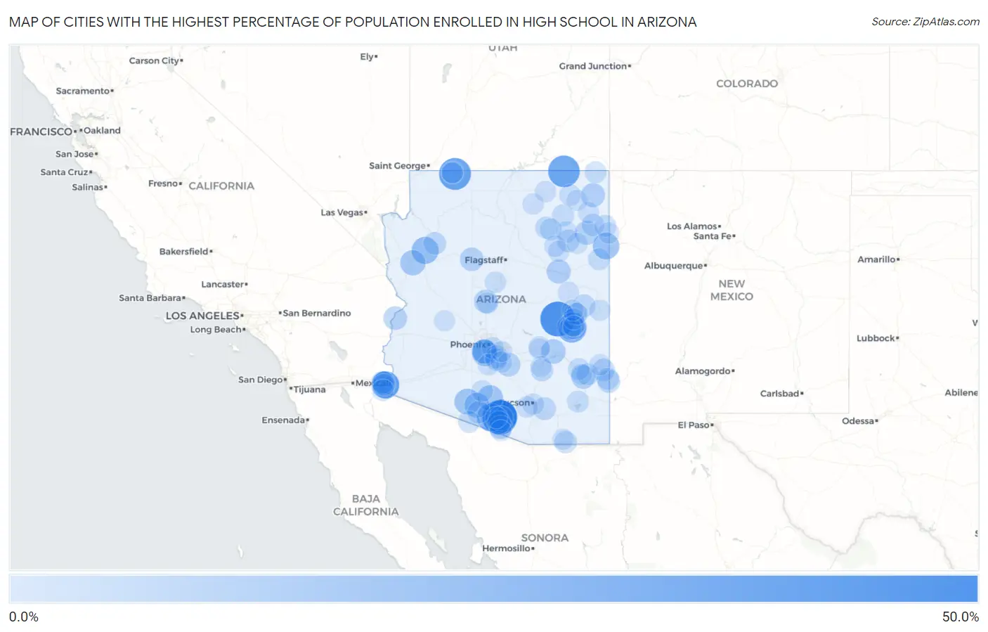 Cities with the Highest Percentage of Population Enrolled in High School in Arizona Map