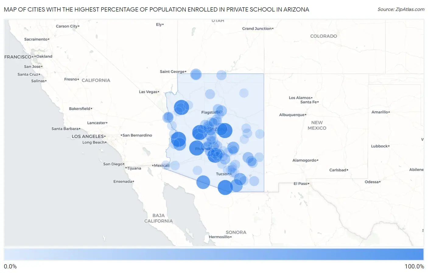 Cities with the Highest Percentage of Population Enrolled in Private School in Arizona Map