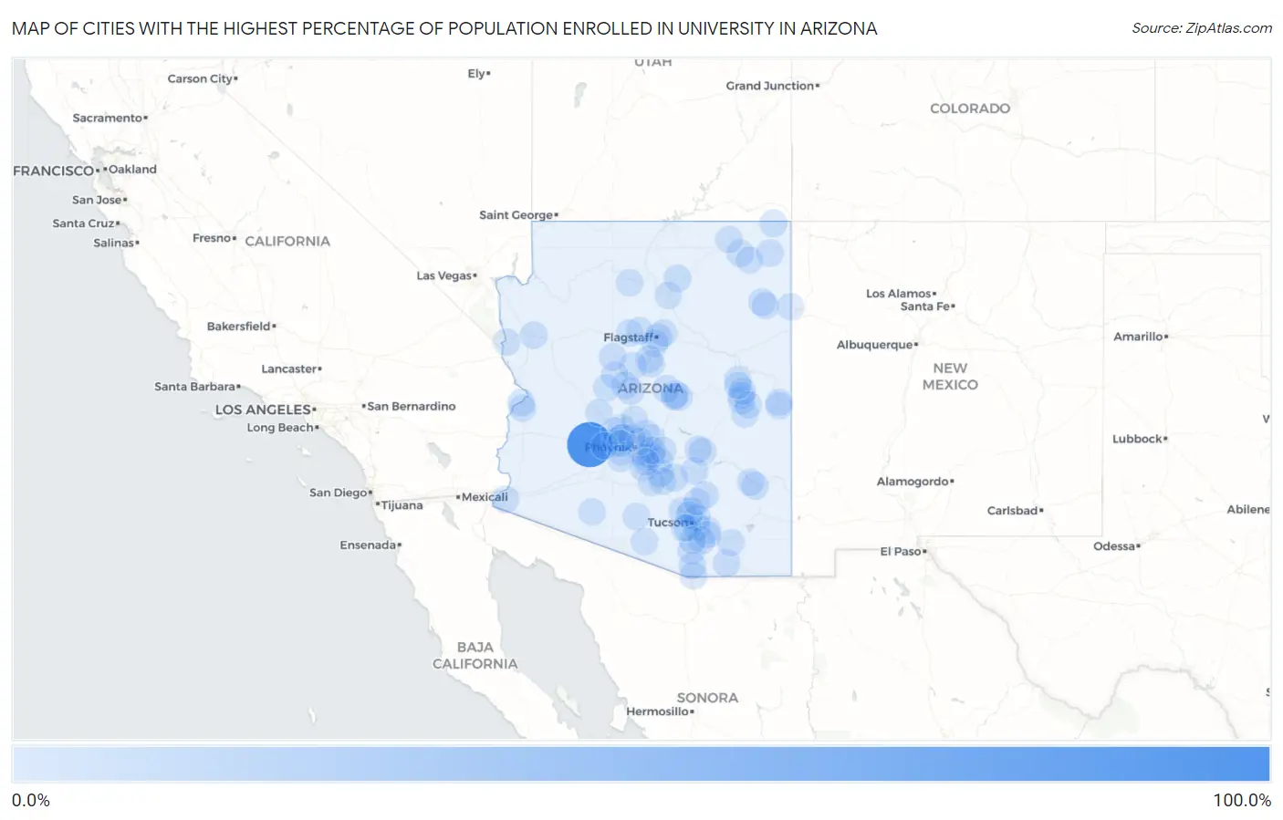 Cities with the Highest Percentage of Population Enrolled in University in Arizona Map