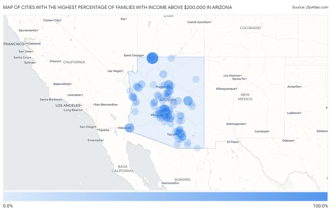 Cities with the Highest Percentage of Families with Income Above $200,000 in Arizona Map