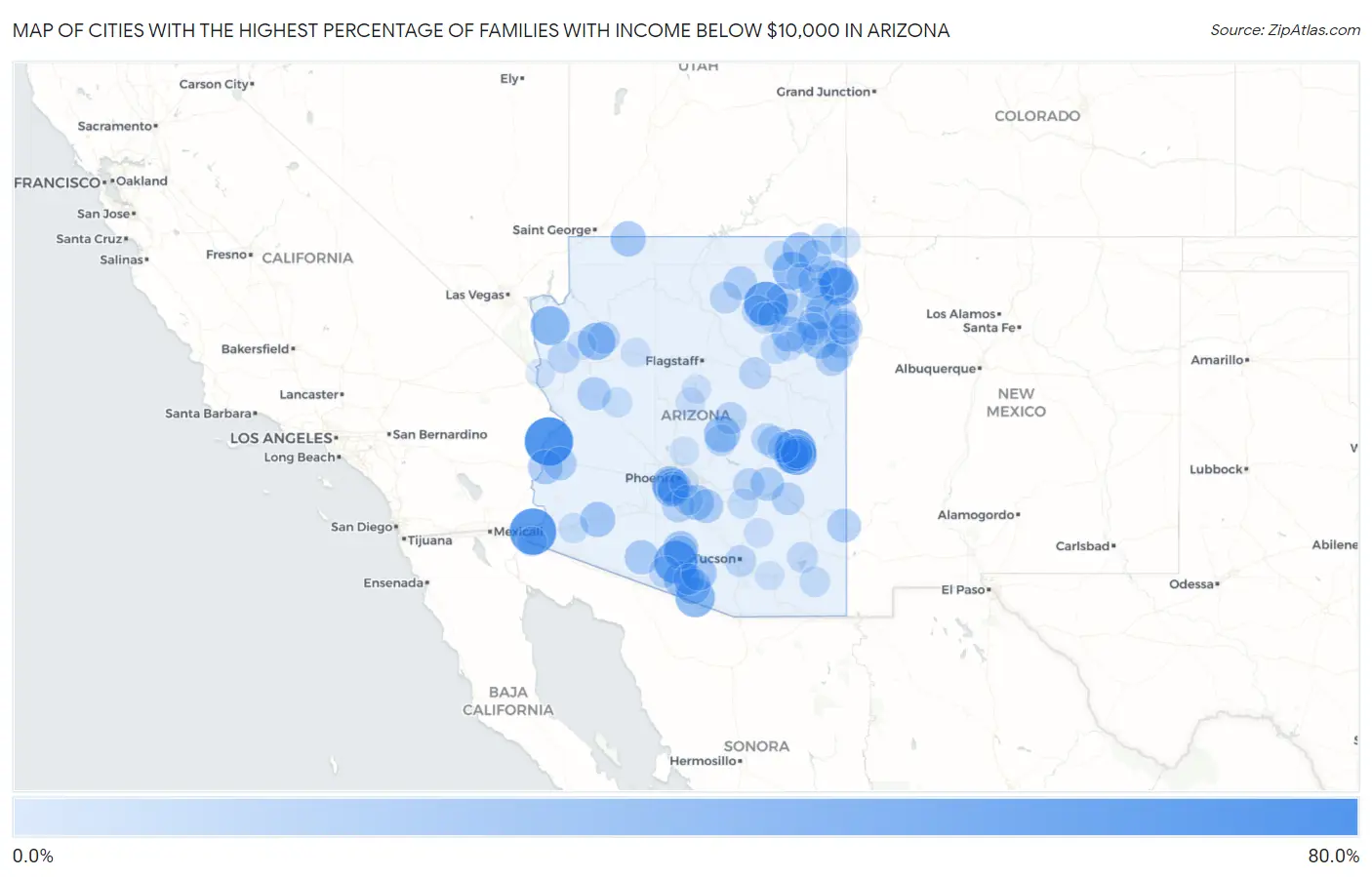 Cities with the Highest Percentage of Families with Income Below $10,000 in Arizona Map