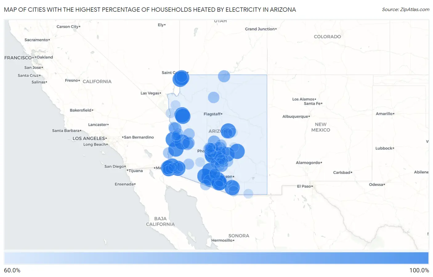 Cities with the Highest Percentage of Households Heated by Electricity in Arizona Map