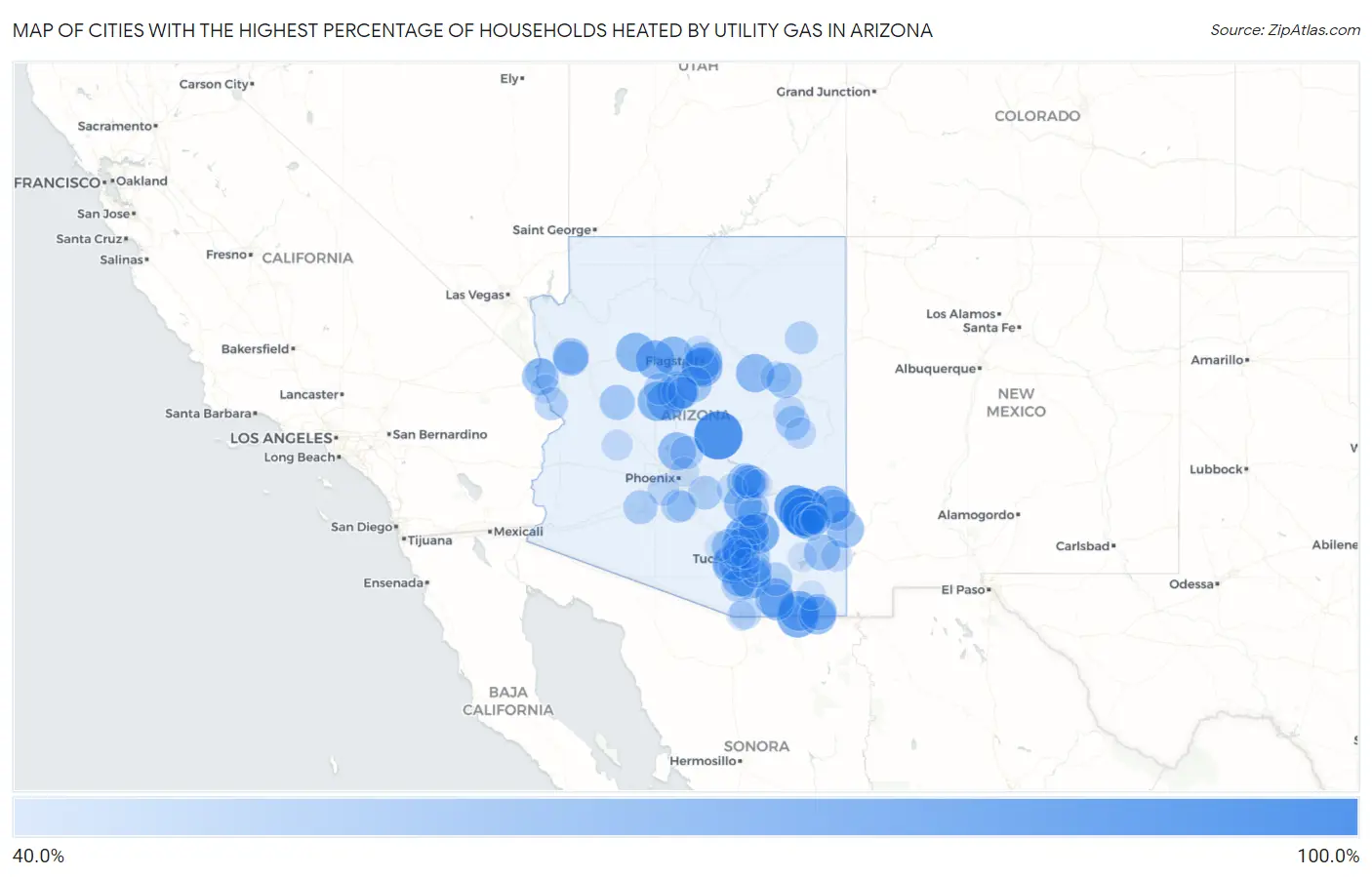 Cities with the Highest Percentage of Households Heated by Utility Gas in Arizona Map