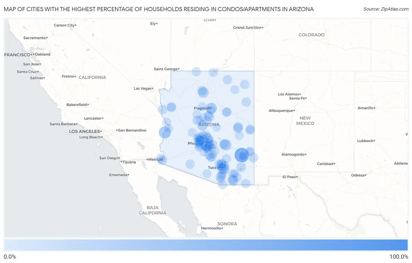Cities with the Highest Percentage of Households Residing in Condos/Apartments in Arizona Map
